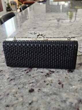 Vintage Black formal evening wear mini clutch w/silver metallic chain